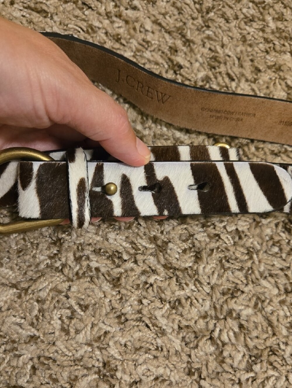 J. Crew Brown and White Zebra-Print Leather Belt with Brass Ring Buckle - Picture 4 of 4